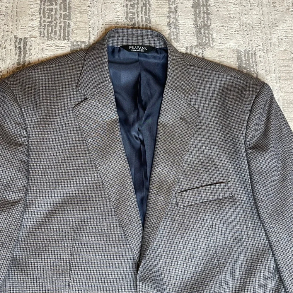 Jos A Bank Executive Blazer Mens 42R Grey‎ 100% Wool Houndstooth Sport Coat 42R